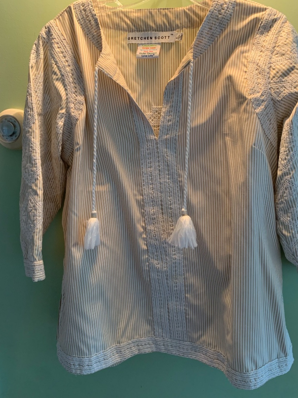 Gretchen Scott Designs Embroidery Tan Pinstripe Tunic with Tassels